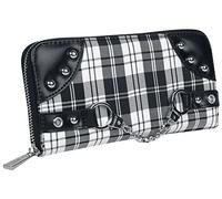 Banned Handcuff Wallet Scottish Tartan Check Punk Studs Studded Skull Zipper - Black-White