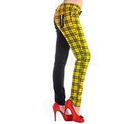 Banned Skinny Half Check Tartan Trousers Women Punk Emo Split Leg Checked Pants Alternative Fashion, Yellow, L