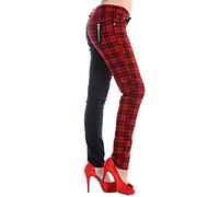 Banned Skinny Half Check Tartan Trousers Women Punk Emo Split Leg Checked Pants Alternative Fashion, Red, 2XL