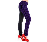 Banned Skinny Half Check Tartan Trousers Women Punk Emo Split Leg Checked Pants Alternative Fashion, Purple, M