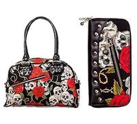 Banned Skull & Roses Handbag & Wallet SET Rockabilly Gothic Black Red
