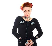 Banned Swallows Birds 50s Rockabilly Retro Embroidered Ladies Womens Cardigan (Small, s) Black