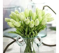BANNESE 20Pcs Tulips Artificial Fake Flowers Realistic PU Material Flower Arrangement Decoration for Easter Spring Wedding Bouquet Office Party Table Cemetery Decor,tender green