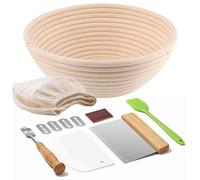 Banneton Bread Proofing Basket 11-Piece Set - Includes 9-Inch Round Basket, Bread Lame, Blades, Scrapers, Cotton Cover, Silicone Brush, and More - Sourdough Baking Kit