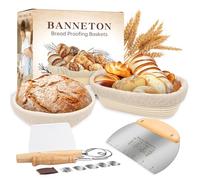 Banneton Bread Proofing Basket, 9" Round & 10" Oval Sourdough Bread Baking Supplies, Bread Making Supplies Tools with Bread Lame, Danish Whish, Bowl Scraper, Sourdough Scraper, and Linen Liners
