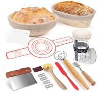 Banneton Bread Proofing Basket Set, 11 Inch Sourdough Proofing Basket and Bread Baking Supplies-Bread Lame, Danish Whisk, Bowl & Dough Scraper, Brush, (Rattan, 10in Round +10in Oval+1 Set Jar Kit)