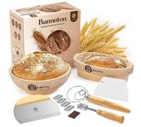 Banneton Bread Proofing Basket Set of 2 with Sourdough Baking Supplies - A Complete Bread Making Kit 22.9 cm and 25.4 cm Proving Baskets, Danish Whisk, Bowl Scraper, Dough Scraper & Bread Lame