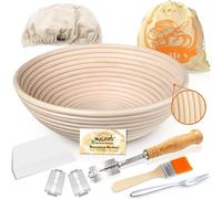 Banneton Sourdough Basket Set -Sourdough Starter kit, Natural Rattan - 25cm(10in) Bread Proofing Basket, Bread Lame, Dough Scraper, Cloth Liner, Storage Bag, Cleaning Brush & Bread Fork
