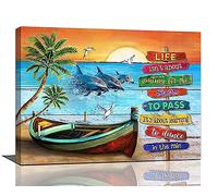 banonaty Beach Dolphins Decor Wall Art Coastal Dolphin Palm Boat Sunrise Pictures Inspirational Quotes Canvas Prints Ocean Framed Artwork Paintings For Bathroom Living Room Bedroom 16inchx12inch