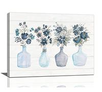 banonaty Botanical Bathroom Wall Art Navy Blue Floral Pictures Wall Decor Bottles & Plants Canvas Prints Flower Painting Artwork Modern Home Decorations For Bathroom Kitchen Bedroom Framed 16''x12''