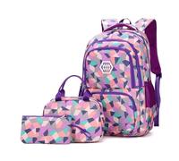 Bansusu Geometric-Print Purple-Backpack and Lunch-Bag Set for Girls Middle-School Elementary Bookbags