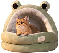 BANTASE Cute Cat Bed, Indoor With Removable Cushion, Pet Plush Tent House Cartoon Ear Design With Pompom, Super Soft Sofa(C,Large)