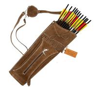 Bantoro Crafts Traditional Suede Leather Archery Back Quiver - Brown Arrow Holder with Decorative Fringe, Zipper Pocket & Adjustable Straps