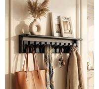 BaoBaJiu Piano Coat Rack Wall Mounted with Shelf - Solid Rubber Wood Hallway Organiser with Flip-Down Hooks, Heavy Duty Modern Floating Hanger for Mail, Decor, Hat, Bag(Black,10 Hooks (64cm))