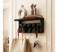BaoBaJiu Piano Coat Rack Wall Mounted with Shelf - Solid Rubber Wood Hallway Organiser with Flip-Down Hooks, Heavy Duty Modern Floating Hanger for Mail, Decor, Hat, Bag(Black,4 Hooks (28 cm))