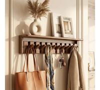 BaoBaJiu Piano Coat Rack Wall Mounted with Shelf - Solid Rubber Wood Hallway Organiser with Flip-Down Hooks, Heavy Duty Modern Floating Hanger for Mail, Decor, Hat, Bag(Walnut,10 Hooks (64cm))