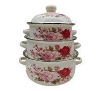 Baoblaze 3Pcs Enamel Stockpots with Lid Flat Bottom Cooking Pots Retro Design Kitchen Appliances Stew Bean Simmer Pot for Home Kitchen, Style A