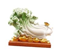 Baoblaze Ceramic Lucky Cabbage Sculpture Wooden Base for Wealth and Prosperity Feng Shui Decor Handmade Traditional Desktop Decoration, 23cmx9cmx19cm
