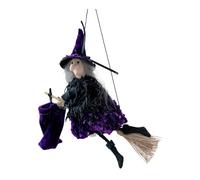 Baoblaze Halloween Hanging Witch on Broom Pendant Flying Witch Wall Decor Wizard Ornament for Restaurant Porch Haunted House, Violet