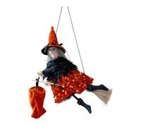 Baoblaze Halloween Hanging Witch on Broom Pendant Flying Witch Wall Decor Wizard Ornament for Restaurant Porch Haunted House, Orange