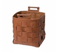 Baoblaze Handwoven Storage Basket Leather Bin Organizer Basket Hamper With Wood Handles Flexible Pu Leather And Walnut Grip Suitable for bedroom living room washroom decor laundry cabins, Brown