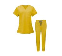 Baoblaze Women Nursing Uniforms Scrub Set Nurse Workwear Nurse Top Pants V Neck with Pockets Female Clothes for Healthcare, Yellow S
