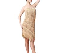 Baoblaze Women Sequin Tassel Dress Dancewear Fringe Latin Dance Dress for Club Tango, Gold, 3XL