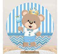 Baocicco 5ft Lovely Bear Round Backdrop Cover Royal Blue Striped Cartoon Bear with Crown Circle Background Polyster Boys Birthday Party Baby Shower Newborn Cradle Ceremony Props Video