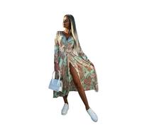 BAODANWUXIAN Dresse Casual Maxi Dress For Women Wrap V Neck Long Sleeve Floral Print Split Sundress With Belt-Light Green-M
