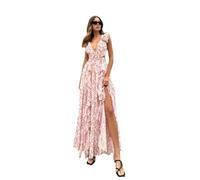 BAODANWUXIAN Dresse Pink Printed Hollow Out Deep V Neck Dress Women Sleeveless Ruffle Floral Split Long Dress Vacation Party Beach Vestido-Pink-L