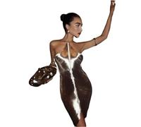 BAODANWUXIAN Dresse Women Elegant Shiny Metallic Halter Midi Dress Female Sleeveless Backless Bodycon Long Lady Party Club Evening Robes-Silver Short-L