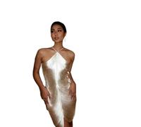 BAODANWUXIAN Dresse Women Elegant Shiny Metallic Halter Midi Dress Female Sleeveless Backless Bodycon Long Lady Party Club Evening Robes-White Short-Xl