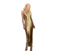 BAODANWUXIAN Dresse Women Elegant Shiny Metallic Halter Midi Dress Female Sleeveless Backless Bodycon Long Lady Party Club Evening Robes-Gold Long-M