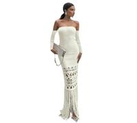 BAODANWUXIAN Dresse Women Off Shoulder Slim Dress For Long Sleeve Off Knitted Tassel Midi Hollow Out Dress-Beige-S
