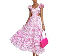 BAODANWUXIAN Dresse Women'S Summer Maxi Dress V Neck Cutout Ruffle Sleeveless Flowy Smocked Tiered Beach Long Dress-Pink-S