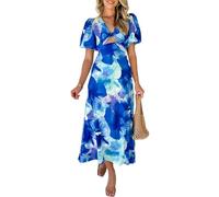BAODANWUXIAN Dresse Women'S Summer Midi Dress V-Neck Long/Short Sleeve Floral Ladies Spring Dress With Pockets-Blue-L