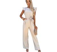 BAODANWUXIAN Jumpsuit Jumpsuits For Women Summer Short Sleeve Belted Wide Leg Pants Romper With Pockets One Piece Casual Outfit-Beige-L