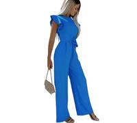BAODANWUXIAN Jumpsuit Jumpsuits For Women Summer Short Sleeve Belted Wide Leg Pants Romper With Pockets One Piece Casual Outfit-Blue-L