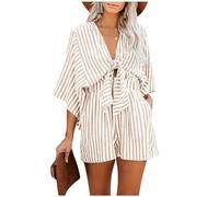 BAODANWUXIAN Jumpsuit Womens V-Neck Romper Summer Loose Stripe Playsuit Ladies Holiday Pants Beach Lace Up Jumpsuit-Khaki-Xxl