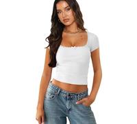 BAODANWUXIAN Short Sleeves Women T-Shirt, Short Sleeve Square Neck Lace Patchwork Bow Summer Basic Crop Tops Streetwear-White-Xs