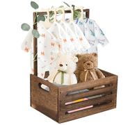 BAODBF Baby Shower Crate Closet Thickened Wood Baby Shower Basket with Handle Hollow Out Baby Storage Crate with 5 Hangers and Wreath for New Born Baby Shower