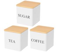 BAODBF Set of 3 Storage Canisters,Tea Coffee Sugar Canisters with Bamboo Cover,Tea Coffee and Sugar Canisters Set Metal,Stackable Tea Coffee Sugar Canisters (White)