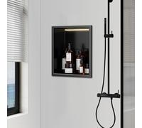 Baodiale Shower Niche with LED Light Matte Black 304 Stainless Steel Recessed Wall Insert No Tile Needed, 90.5° Drain Slope Storage Shelf