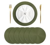 BAOFIN Round Braided Placemats Set of 6, Round Placemats for Dining Table, Washable Woven Non-Slip Placemats for Christmas,15 inch(Olive)