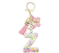 Baofuwan Keychain girl women letter key chain with initial letters butterfly handle pink blue golden for purse handbags school bag