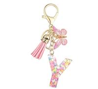 Baofuwan Keychain girl women letter key chain with initial letters butterfly handle pink blue golden for purse handbags school bag