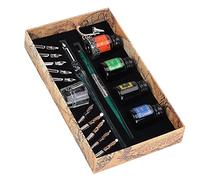 BAOFUYA Dip Pen Beginner Calligraphy Set, Glass and Wood Holder with 10 Stainless Steel Nibs and 5 Ink Colors for Artists and Students (SP249035 dark green (dark green rod +)