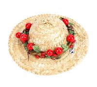 BAOFUYA Elastic Rope Pet Sun Hat Dog Straw Hat, Round Top White Adjustable Elastic Rope Pet Sun, 12cm Handwoven Natural Straw Breathable Floral Daisy Decor, Lightweight Beach Bucket (Red)