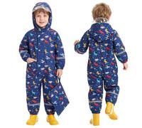 Baogaier Boys Puddle Suit Kids All-in-One Hooded One Piece Waterproof Suit, Printed Rainsuit with Reflective Strips, Pockets & Carry Bag Lightweight Rainwear for 5-7 Years, Blue Dinosaur