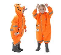 Baogaier Children Puddle Suit Waterproof Boys Girls Rainsuit Hooded All in One Lightweight Easy Dry School Outdoor Onesie Rainwear Raincoat with Tiger Print for Unisex Kids 2-4 Years, Orange M
